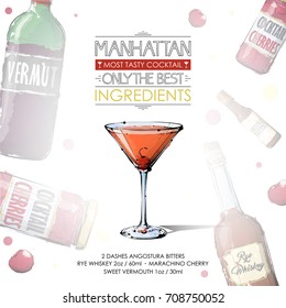 Hand drawn illustration of cocktail recipe with ingredients. Vector collection.