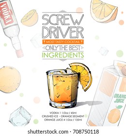 Hand drawn illustration of cocktail recipe with ingredients. Vector collection.