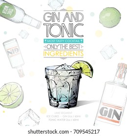 Hand drawn illustration of cocktail recipe with ingredients. Vector collection.