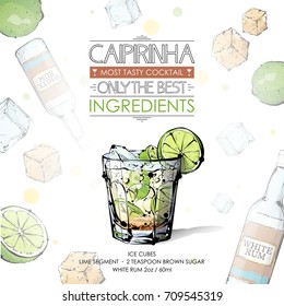 Hand drawn illustration of cocktail recipe with ingredients. Vector collection.