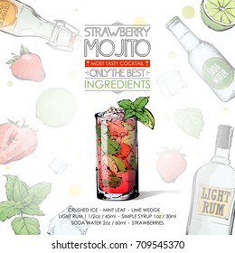 Hand drawn illustration of cocktail recipe with ingredients. Vector collection.