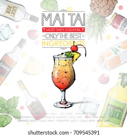 Hand drawn illustration of cocktail recipe with ingredients. Vector collection.