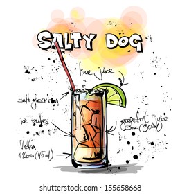 Hand drawn illustration of cocktail. SALTY DOG. Vector collection.