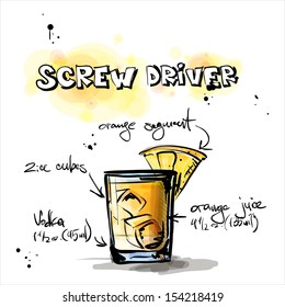 Hand drawn illustration of cocktail. SCREW DRIVER. Vector collection.