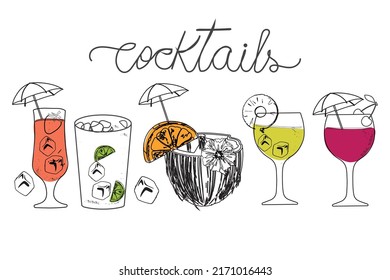 Hand drawn illustration of cocktail set. summer fruits and brazilian alcoholic drink.