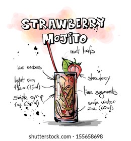 Hand drawn illustration of cocktail. STRAWBERRY MOJITO. Vector collection.