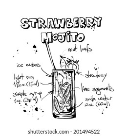 Hand drawn illustration of cocktail. STRAWBERRY MOJITO. Vector collection.