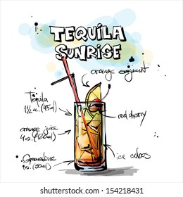 Hand drawn illustration of cocktail. TEQUILA SUNRISE. Vector collection.