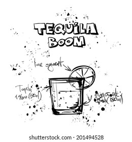 Hand drawn illustration of cocktail. TEQUILA BOOM. Vector collection.