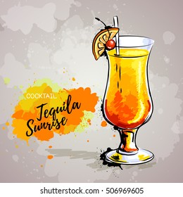 Hand drawn illustration of cocktail tequila sunrise.