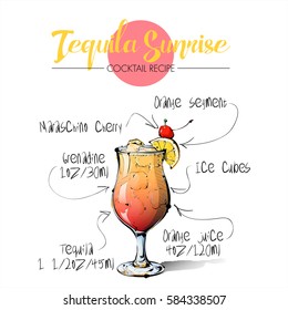 Hand drawn illustration of cocktail Tequila sunrise. Vector collection.