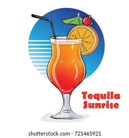 Hand drawn illustration of cocktail. Tequila Sunrise. Vector illustration