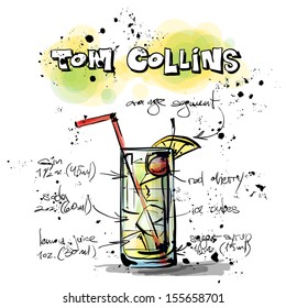 Hand drawn illustration of cocktail. TOM COLLINS. Vector collection.