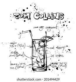 Hand drawn illustration of cocktail. TOM COLLINS. Vector collection.