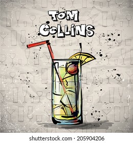 Hand drawn illustration of cocktail. TOM COLLINS. Vector collection.