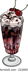 hand drawn illustration of a cocktail with two cherries. delicious hand drawn cherry cocktail vector in transparent glass. tall beautiful glass with chocolate coffee and cherry