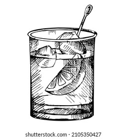 Hand drawn illustration of cocktail. Vector illustration. Cocktails menu. Suitable for poster, promotional flyer, invitation, banner or magazine cover. Old fashioned cocktail sketch.