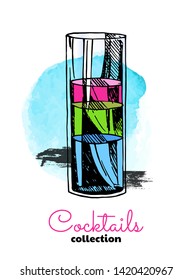 Hand drawn illustration of cocktail and watercolor splash. Vector three color summer illustration.