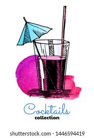 Hand drawn illustration of cocktail and watercolor splash. Vector color summer illustration.