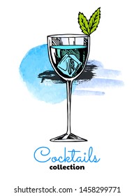 Hand drawn illustration of cocktail and watercolor splash. Vector three color summer illustration.