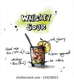 Hand drawn illustration of cocktail. WHISKEY SOUR. Vector collection.