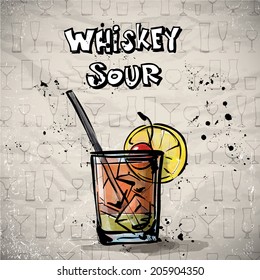 Hand drawn illustration of cocktail. WHISKEY SOUR. Vector collection.