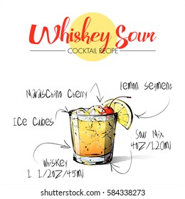 Hand drawn illustration of cocktail Whiskey sour. Vector collection.