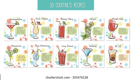 Hand drawn illustration of cocktails, including recipes and ingredients. Vector collection.