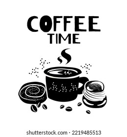 Hand drawn illustration with Coffee Cup, sweet pastries and lettering, vector coffee mug on white background. Lettering for web, promotional pictures news, invitations, postcards, banners, posters