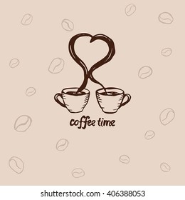 Hand drawn illustration with coffee cups and lettering. Coffee time.