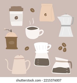 Hand drawn illustration of coffee elements.