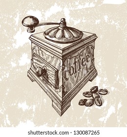 Hand drawn illustration. Coffee mill