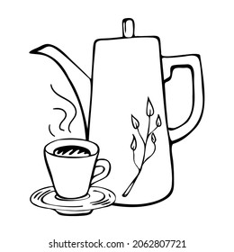Hand drawn illustration of coffee pot and cups in doodle style.
