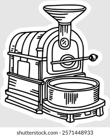 hand drawn illustration of coffee roasting machine in black and white line style
