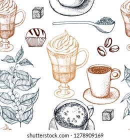 Hand drawn illustration, coffee set.  Black and white elements.Linear graphic.Engraved style.Vintage template for cafe or coffee shop. Seamless pattern.