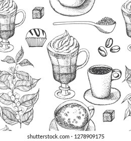 Hand drawn illustration, coffee set.  Black and white elements.Linear graphic.Engraved style.Vintage template for cafe or coffee shop. Seamless pattern.