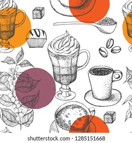 Hand drawn illustration, coffee set.  Black and white elements.Linear graphic.Engraved style.Vintage template for cafe or coffee shop.Seamless pattern.