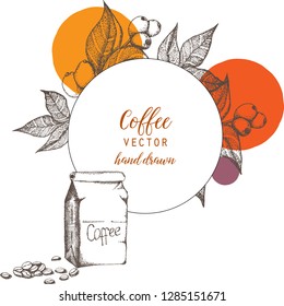 Hand drawn illustration, coffee set.  Black and white elements.Linear graphic.Engraved style.Vintage template for cafe or coffee shop.