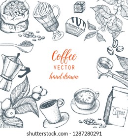 Hand drawn illustration, coffee set.  Black and white elements.Linear graphic.Engraved style.Vintage template for cafe or coffee shop.Coffee accessories.
