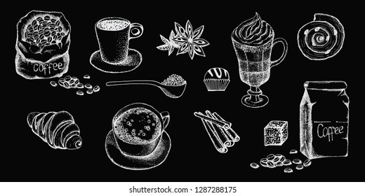 Hand drawn illustration, coffee set.  Black and white elements.Linear graphic.Engraved style.Vintage template for cafe or coffee shop.