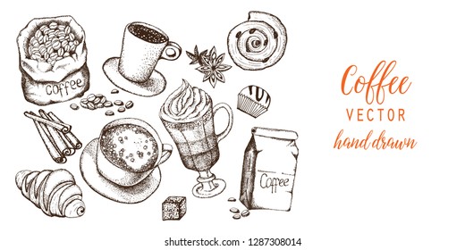 Hand drawn illustration, coffee set.  Black and white elements.Linear graphic.Engraved style.Vintage template for cafe or coffee shop.