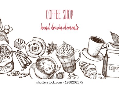 Hand drawn illustration, coffee set.  Black and white elements.Linear graphic.Engraved style.Vintage template for cafe or coffee shop.Coffee accessories.