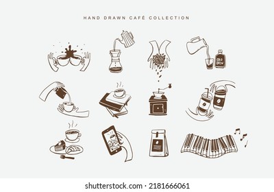 Hand Drawn illustration of café and coffee in a set