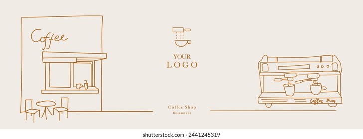 Hand drawn illustration of Coffee Shop and Coffee Machine. Illustration for cover design, food package, menu, background, café wall, coffee shop, web banner. Design for coffee cups. 