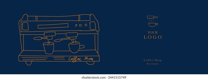 Hand drawn illustration of Coffee Shop and Coffee Machine. Illustration for cover design, food package, menu, background, café wall, coffee shop, web banner. Design for coffee cups. 