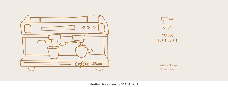 Hand drawn illustration of Coffee Shop and Coffee Machine. Illustration for cover design, food package, menu, background, café wall, coffee shop, web banner. Design for coffee cups. 