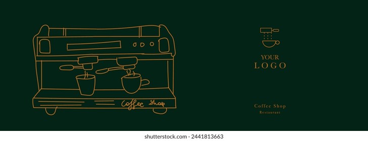 Hand drawn illustration of Coffee Shop and Coffee Machine. Illustration for cover design, food package, menu, background, café wall, coffee shop, web banner. Design for coffee cups. 