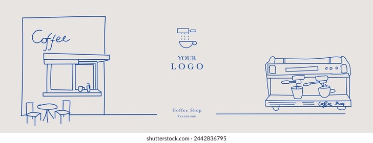 Hand drawn illustration of Coffee Shop. Abstract geometric line background. Gold luxury. Illustration for cover design, food package, menu, background, café wall, coffee shop, web banner.