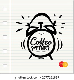 Hand drawn illustration of coffee time with alarm clock