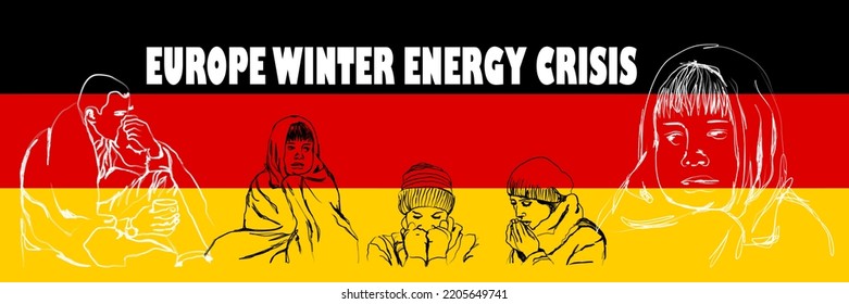 Dibujo a mano de una persona fría sobre un fondo de bandera alemana, con la inscripción crisis energética europea en invierno. perfecto para afiches